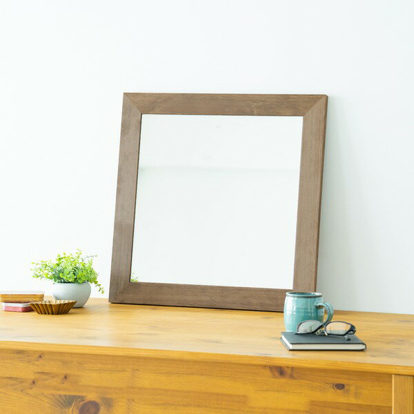 幅広枠正方形ウォールミラー （50）（アンティークブラウン / 茶） 天然木 姿見鏡 ワイド 高級感 木製 飛散防止加工 壁掛け 北欧風 ヴィンテージ 韓国インテリア 玄関 トイレ 洗面 日本製 完成品 NK-31