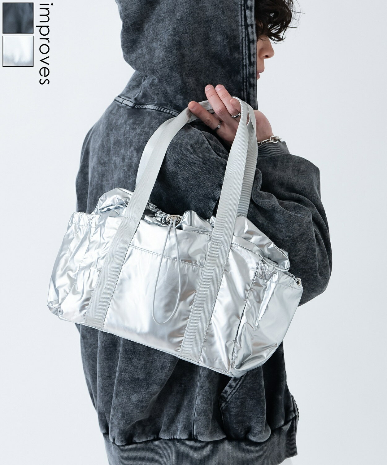 ボストンバッグ メンズ レディース メタリック カバン 鞄 タウンユース フェス ライブ イベント カジュアル モード 古着MIX 韓国ファッション Y2K ブラック シルバー