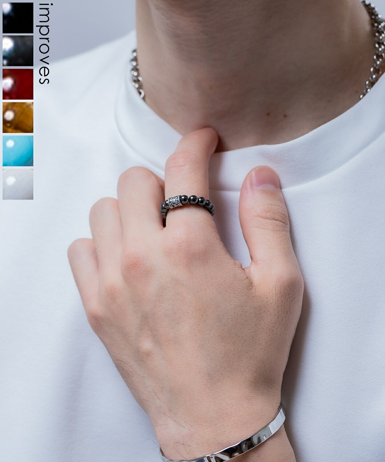 フリーサイズビーズリング メンズ レディース 天然石風 数珠 リング 指輪 ビーズ アクセサリー メタルパーツ エスニック ボヘミアン ストリート 韓国ファッション ユニセックス ペア プレゼント ギフト ターコイズ モード カジュアル