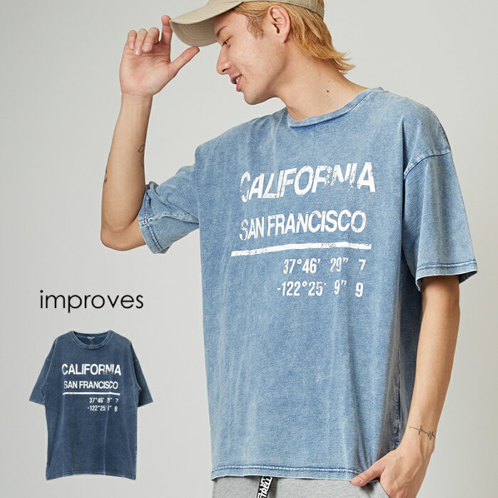 ビッグTシャツ メンズ レディース ビッグシルエット Tシャツ カットソー 半袖 クルーネック オーバーサイズ ビッグサイズ カットデニム プリント ロゴ ネイビー ブルー 青 ケミカルウォッシュ サーフ系 ストリートファッション メンズファッション