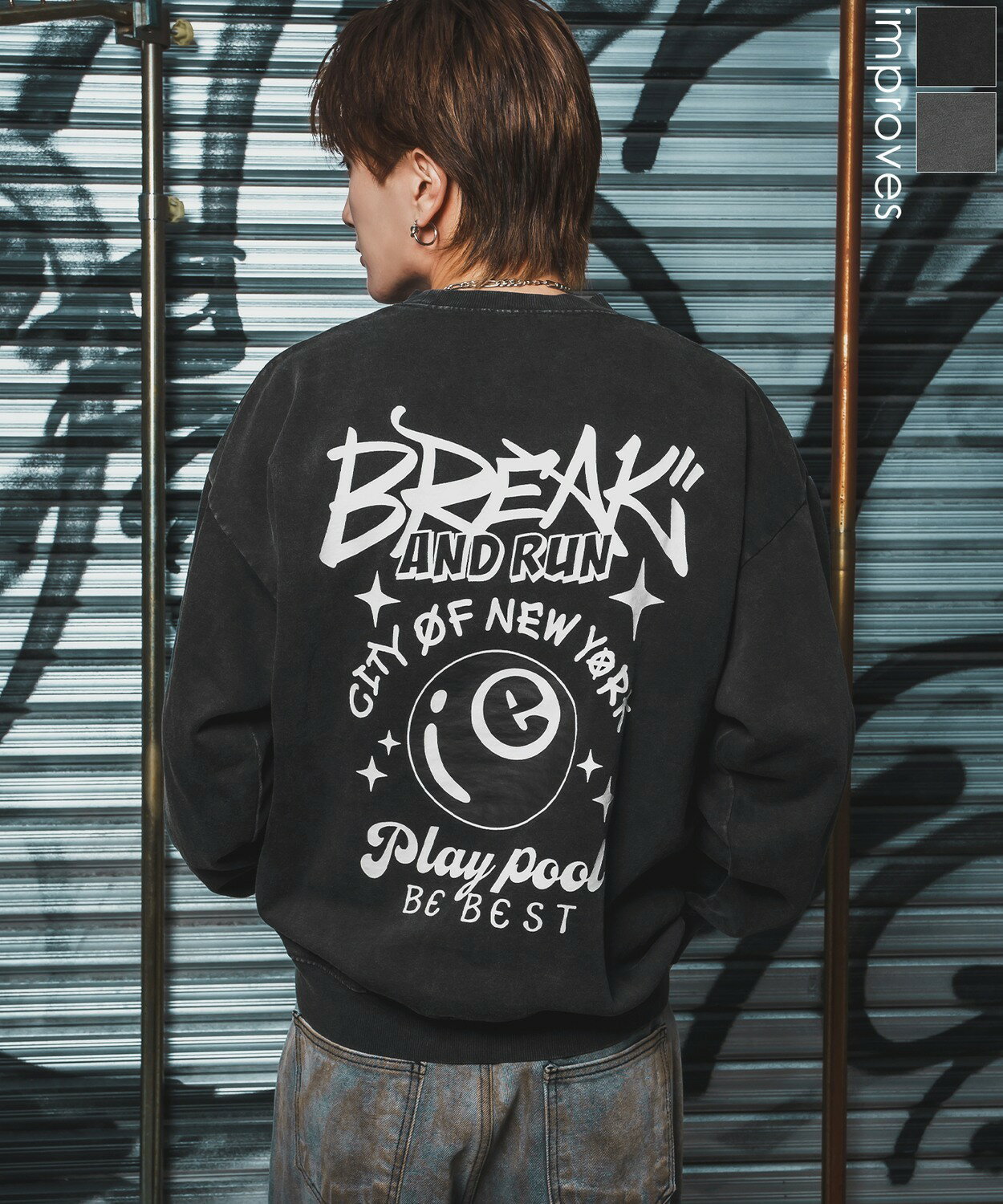 トレーナー メンズ レディース CVC 半起毛 スウェット クルーネック 長袖 プリント ワンポイント ストリート スケーター 古着MIX 韓国ファッション ブラック