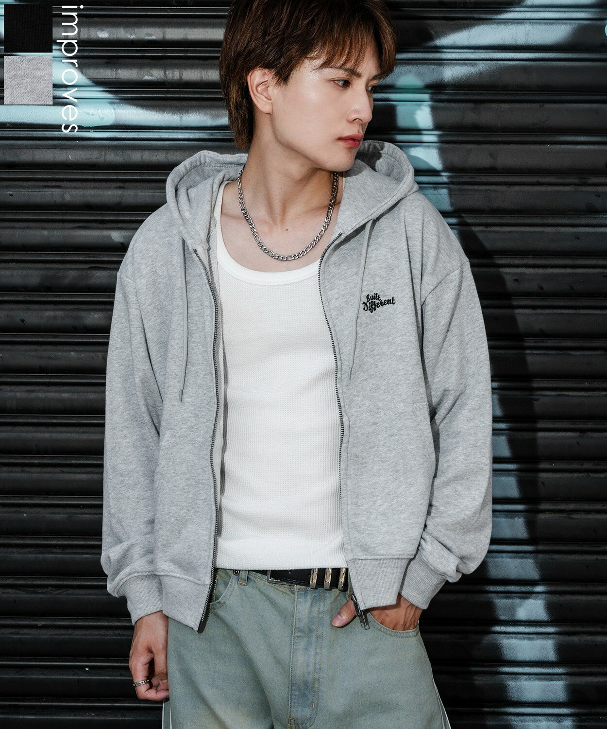 サンバリア グレー ショート丈 パーカー パーカー(ポケット付き)｜完全