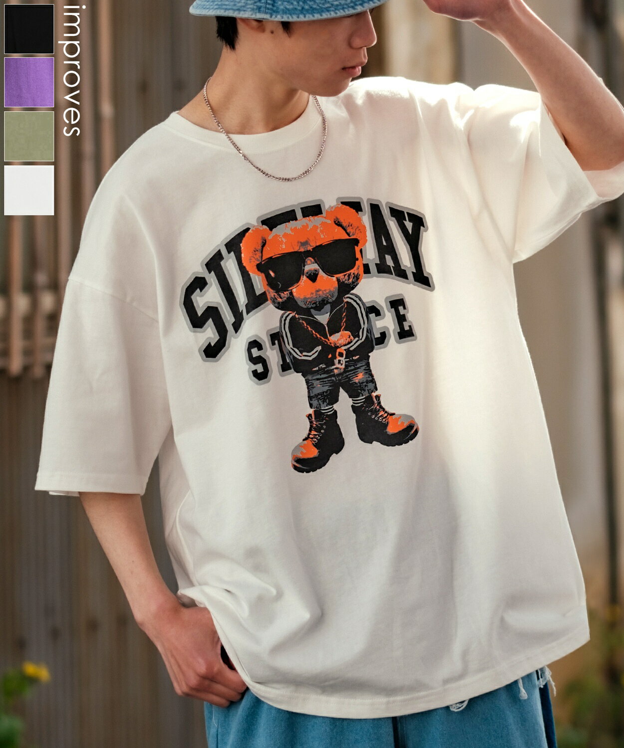 半袖Tシャツ メンズ レディース SIDEWAY STANCE サイドウェイスタンス オリジナルプリント グラフィック カットソー クマ マスコット カレッジロゴ オーバーサイズ 大きめ アメカジ カジュアル スケーター ストリート 韓国ファッション