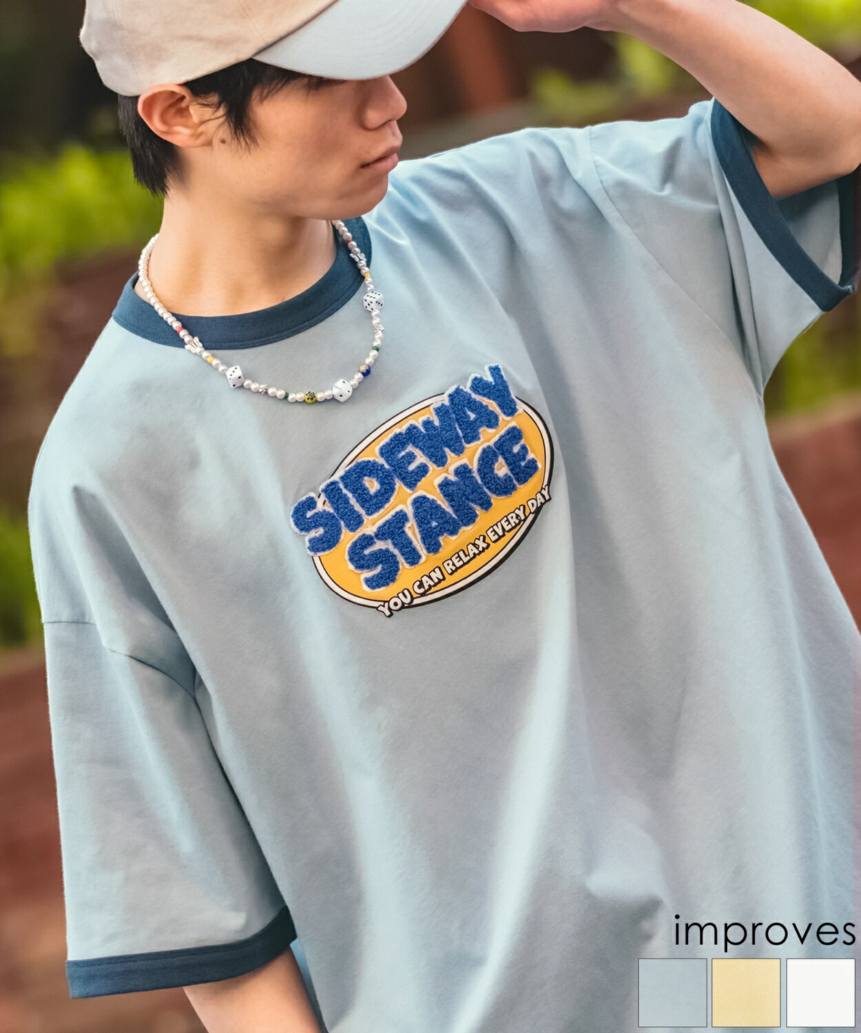 半袖Tシャツ メンズ レディース SIDEWAY STANCE サイドウェイスタンス サガラ刺しゅう カットソー リンガーTシャツ ロゴプリント オーバーサイズ 大きめ アメカジ カジュアル スケーター ストリート 韓国ファッション