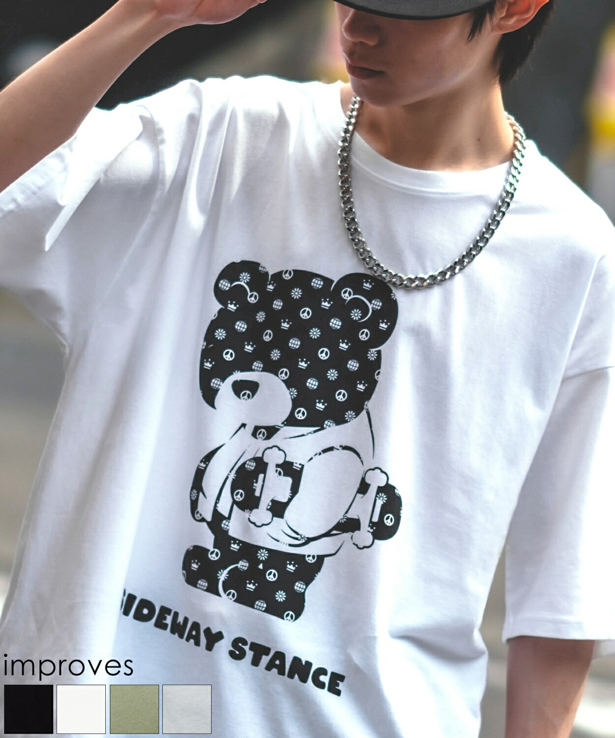 半袖Tシャツ メンズ レディース SIDEWAY STANCE サイドウェイスタンス オリジナルプリント グラフィック カットソー モノグラム ベア オーバーサイズ 大きめ アメカジ カジュアル スケーター ストリート 韓国ファッション