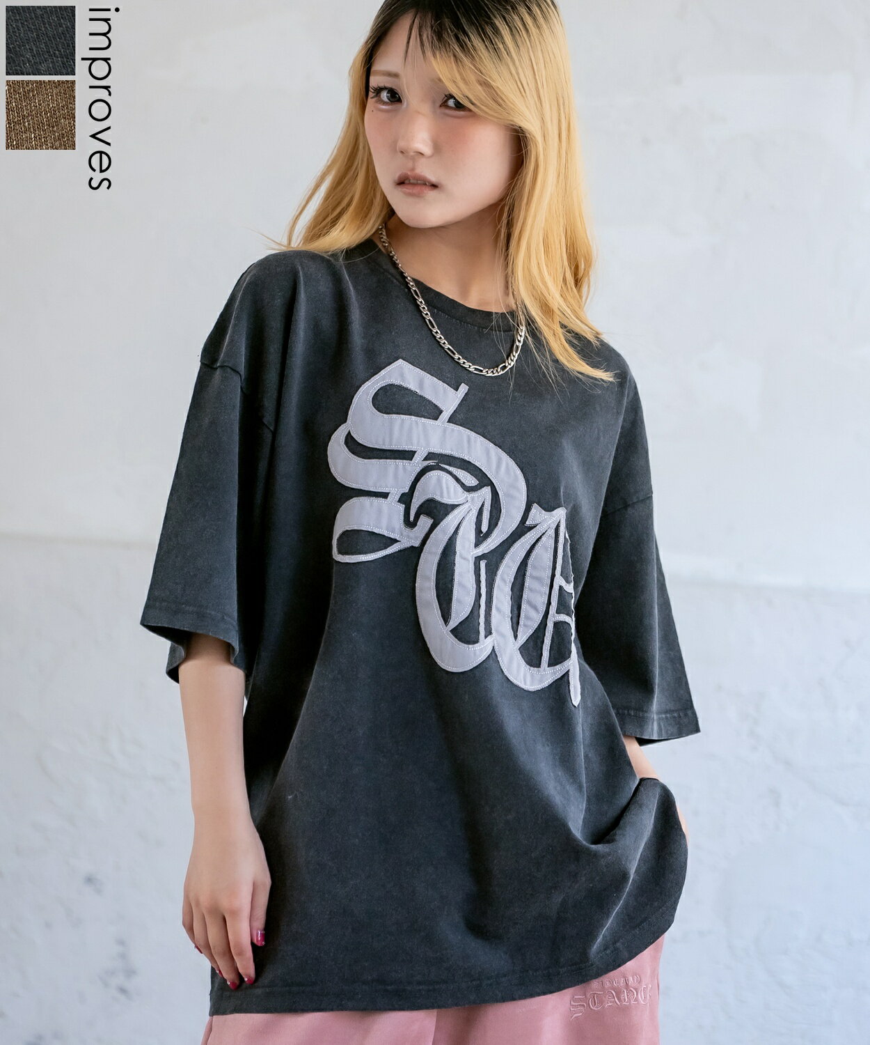 Tシャツ メンズ レディース SIDEWAY STANCE サイドウェイスタンス ロゴ刺しゅう アメカジ カジュアル スケーター ストリート 古着MIX 韓国ファッション ブラック ブラウン