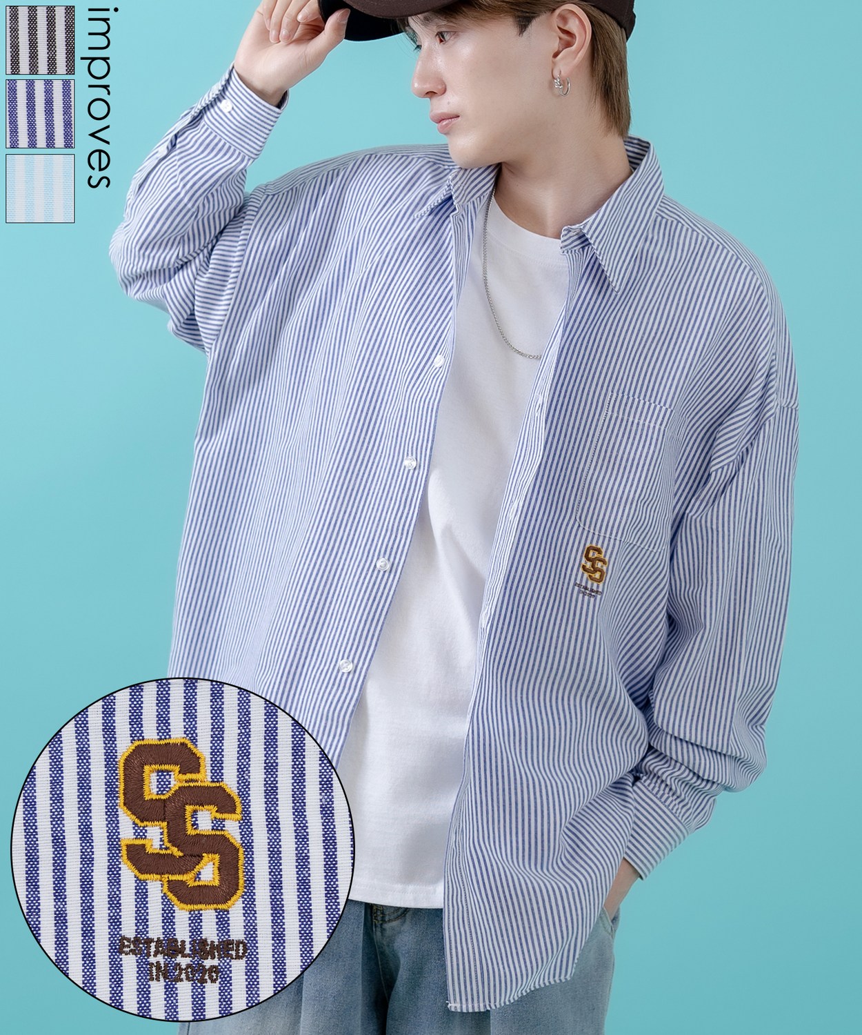 長袖シャツ メンズ レディース サイドウェイスタンス ワンポイント ストライプシャツ ビッグサイズ 大きめ アメカジ カジュアル スケーター ストリート 古着MIX 韓国ファッション ストラップ