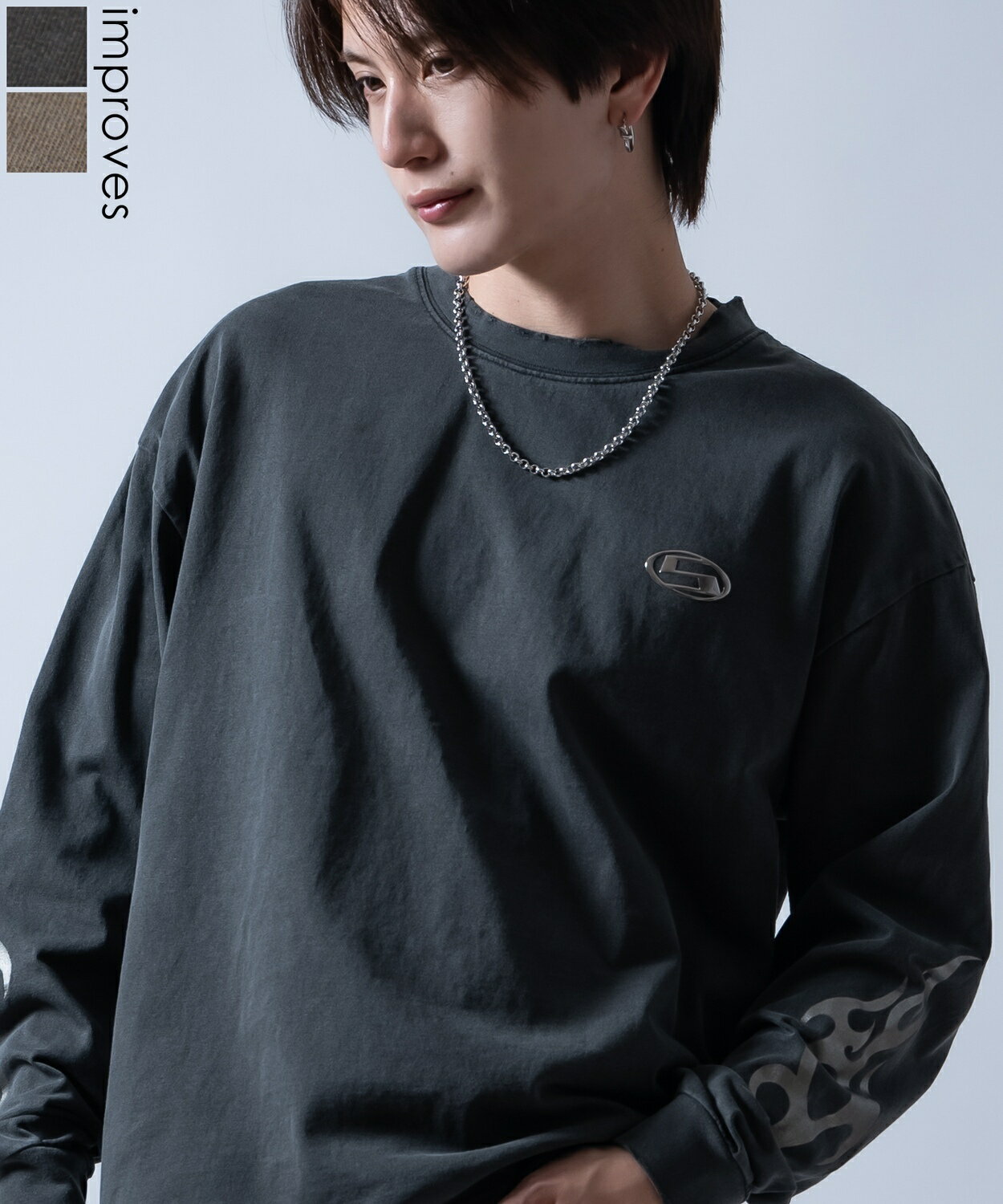 長袖Tシャツ メンズ レディース SIDEWAY STANCE ピグメント メタリックプリント ロンT ストリート スケーター 古着MIX ブラウン ブラック