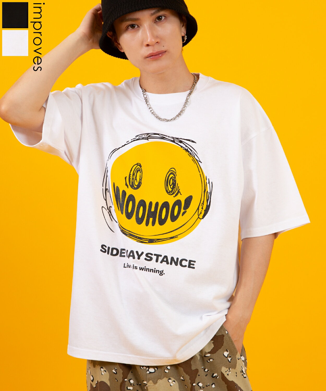 カットソー メンズ レディース SIDEWAY STANCE サイドウェイスタンス 半袖 Tシャツ WOOHOO スマイル プリント アメカジ カジュアル Y2K ストリート 90s古着MIX 韓国ファッション ブラック ホワイト