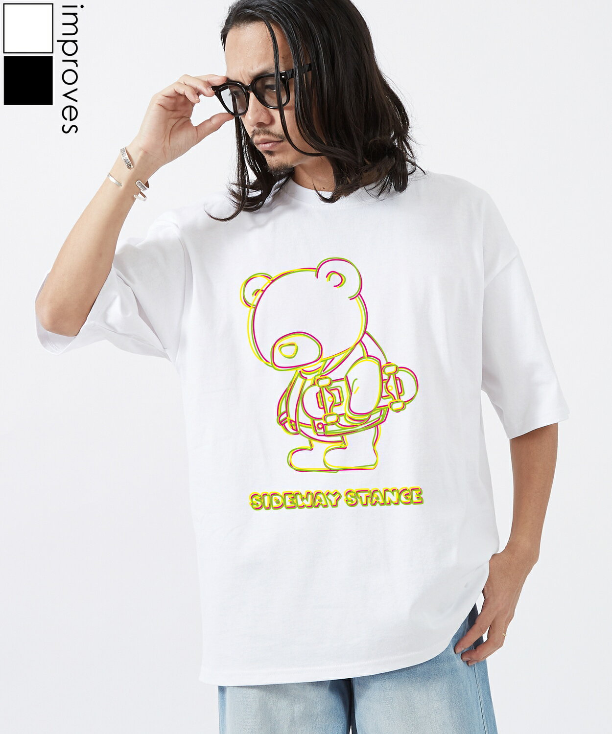 樂天商城 - 半袖Tシャツ メンズ レディース SIDEWAY STANCE サイドウェイスタンス オリジナルプリント ネオンダウナーベアー 半袖Tシャツ カットソー カジュアル アメカジ ストリート スケーター 韓国ファッション ブラック ホワイト