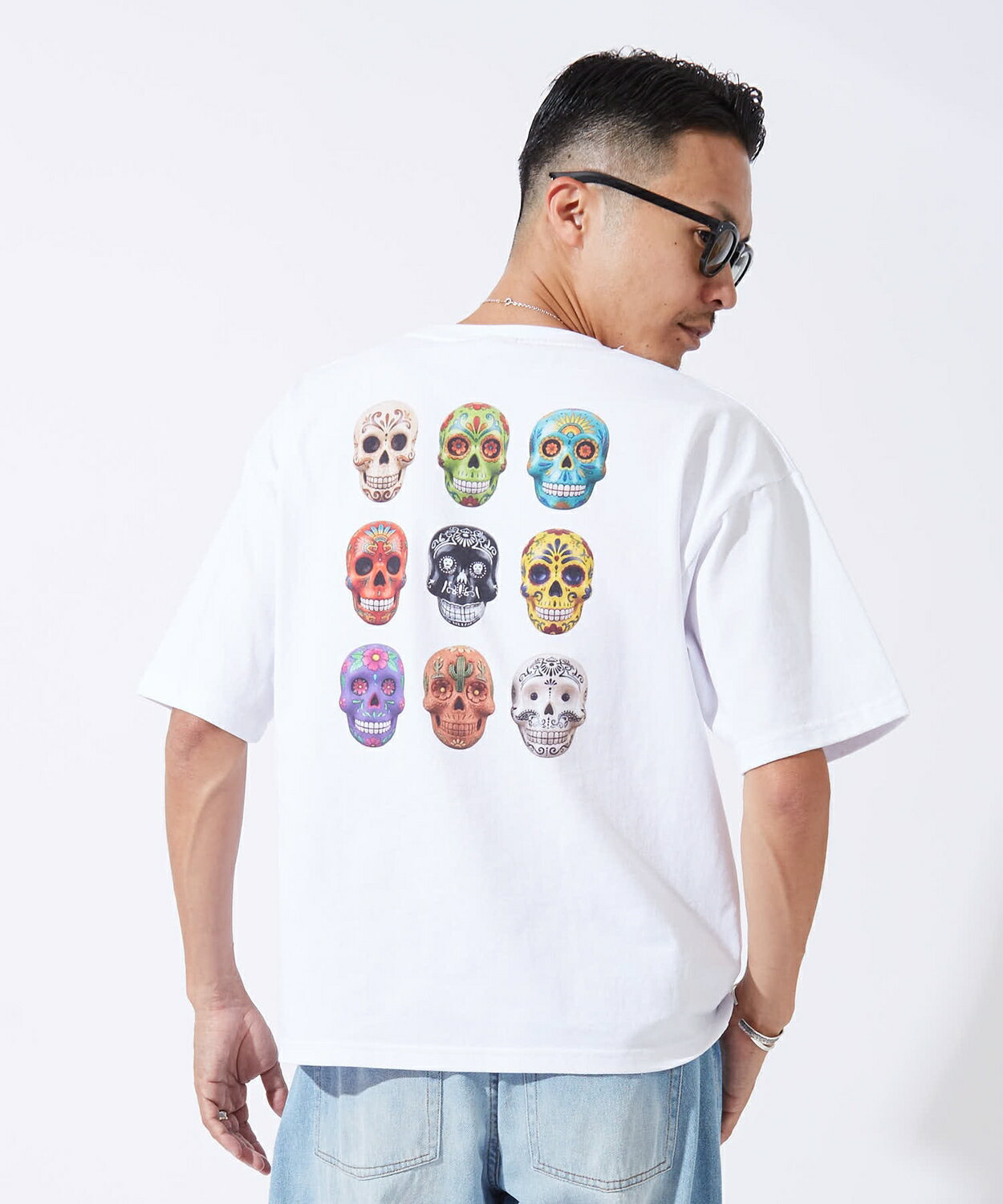 Rakuten - 半袖Tシャツ メンズ レディース カラフルスカル バックプリント SIDEWAY STANCE サイドウェイスタンス クルーネック カットソー 綿100% ビッグシルエット オーバーサイズ ストリート メキシカン アメカジ 古着MIX 韓国ファッション ユニセックス