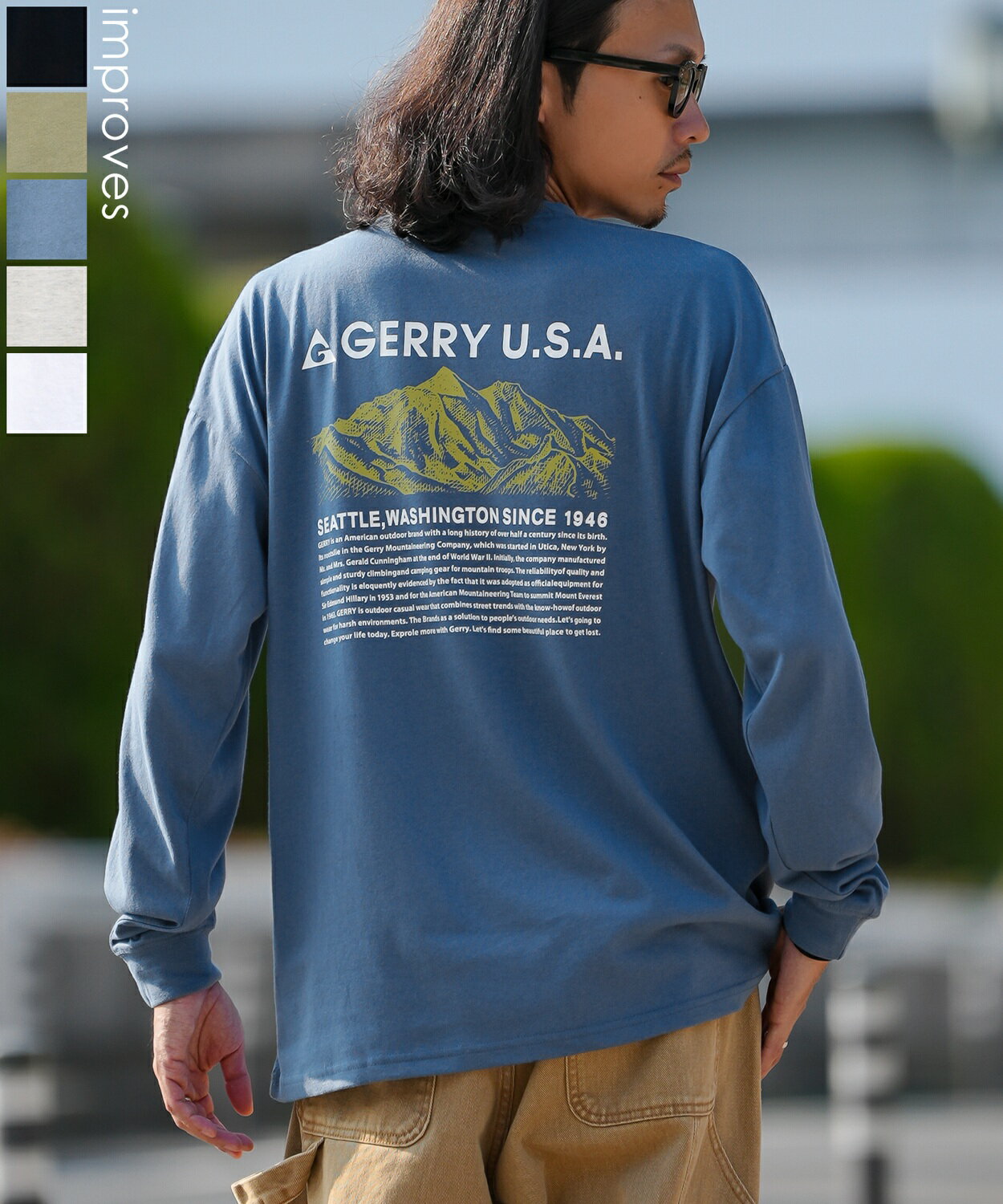 樂天商城 - 長袖Tシャツ メンズ レディース GERRY ジェリー 別注プリント カットソー マウントロゴ プリント ロンT アウトドア ストリート アメカジ 古着MIX ホワイト ブラック オートミール ブルー カーキ