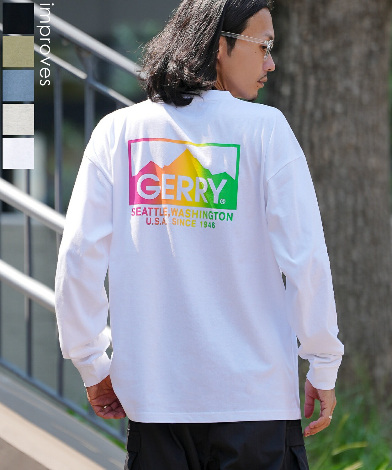 樂天商城 - 長袖Tシャツ メンズ レディース GERRY ジェリー 別注プリント カットソー グラデーションロゴ プリント ロンT アウトドア ストリート アメカジ 古着MIX ホワイト ブラック オートミール ブルー カーキ