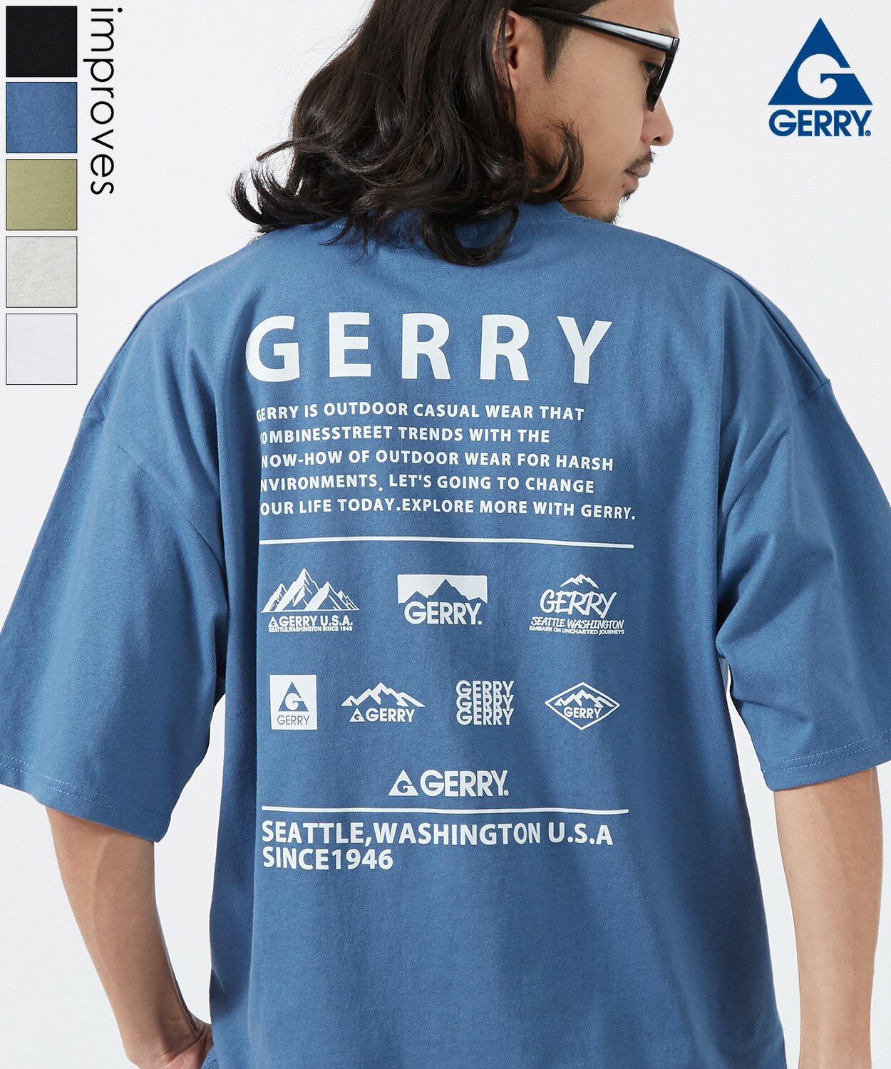 半袖Tシャツ メンズ レディース GERRY ジェリー 別注プリント カットソー マルチロゴ プリント Tシャツ アウトドア ストリート アメカジ 古着MIX ホワイト ブラック オートミール ダークブルー カーキ