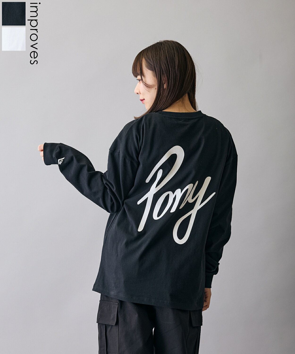長袖Tシャツ メンズ レディース PONY ポニー ロンT カットソー プリントTシャツ オーバーサイズ ビッグシルエット カジュアル ストリート 韓国ファッション ブラック ホワイト