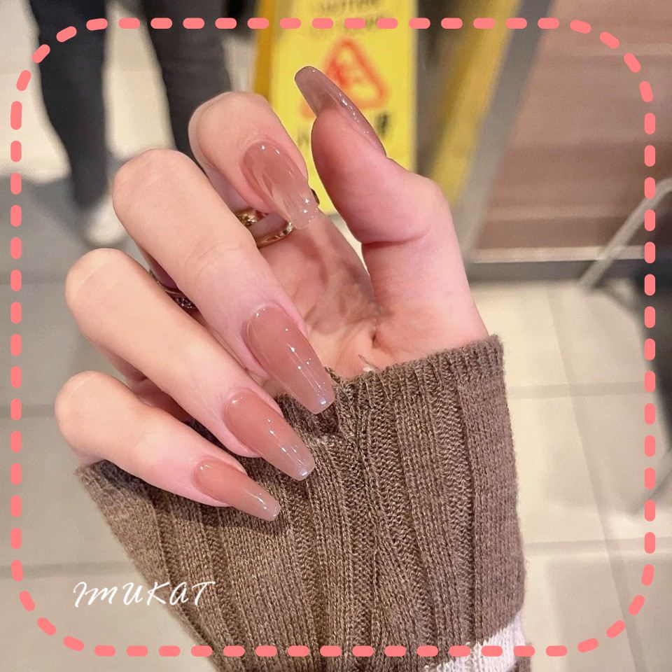 ネイルチップ ロング ピンク 朱色 �