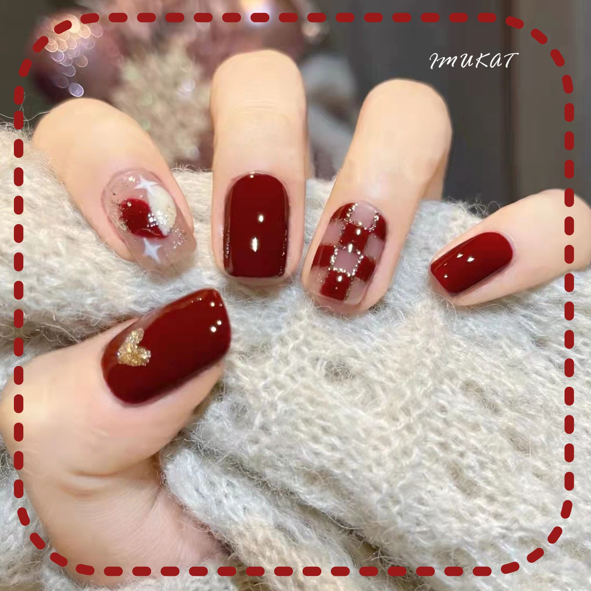 ネイルチップ ショート ワインレッド ゴールド ハート 個性的 レディース 高級感 優しい おうちネイル アートおしゃれ アート 美しい 秋 冬 披露宴 成人式 デート 卒業式 紅葉狩り 遊園地 送料無料 大人気 付け爪 つけ爪 貼るネイル