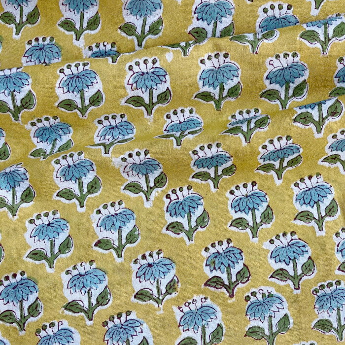 インド ブロックプリント 生地 [ 50 cm単位 切り売り ] サンガネリ ヘナグリーン ミニフラワー 花 花柄..