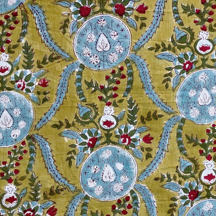 インド ブロックプリント 生地 [50cm単位切り売り] サンガネリ フラワー on ヘナ グリーン MT 花 花柄 ..