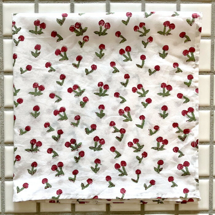 インド ブロックプリント バンダナ ハンカチ52cm さくらんぼ チェリー 桜桃 フルーツ 果物 サンガネリ ハンドプリンティング 捺染 フォークロア 子ども