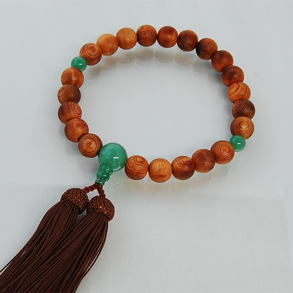 数珠 男性 屋久杉数珠 3天ヒスイ入り 茶正絹頭房 【略式用念珠】 【天然木】 送料無料