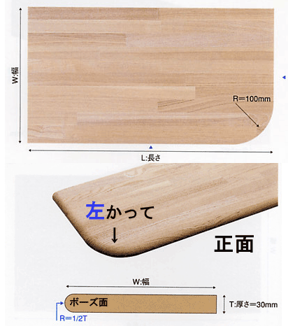 【大型宅配便のため送料無料適用対象外】タモ無垢集成オーダーメイドカウンター1カ所100R1/42方ボーズ..