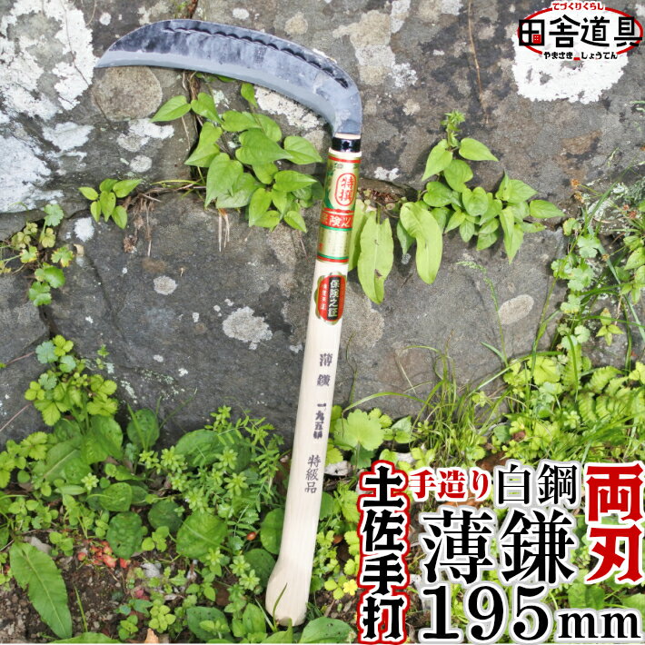 男性におすすめ！柄が長めで腰への負担軽減！【土佐型 薄鎌195mm 椎コブ付尺3柄 白鋼】土佐打刃物 手づくり 高級手打ち刃物草刈鎌 薄刃 両刃 白鋼 刃渡り195mm（6.5寸）椎の柄390mm（尺3寸）コブ付