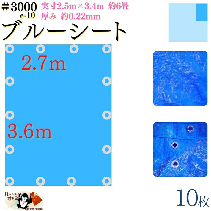 【 ブルーシート 厚手 防水 #3000 2.7×3.6 m 10枚入 】 実寸 2.5×3.4m 厚み 約0.22mm 広さ 約 6畳 材質 PE ポリエチレン カラー ブルー 青 アルミ ハトメ 付 間隔 約90cm×14個