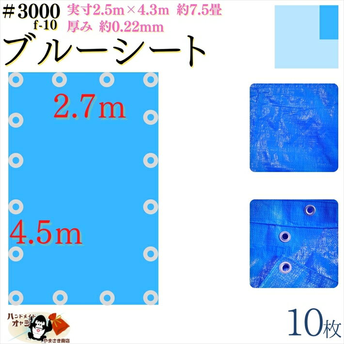 【 ブルーシート 厚手 防水 #3000 2.7×4.5 m 10枚入 】 実寸 2.5×4.3m 厚み 約0.22mm 広さ 約 7畳半 材質 PE ポリエチレン カラー ブルー 青 アルミ ハトメ 付 間隔 約90cm×16個