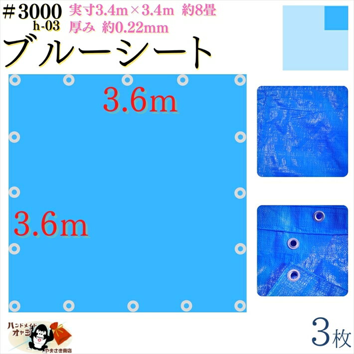 【 ブルーシート 厚手 防水 #3000 3.6×3.6 m 3枚入 】 実寸 3.4×3.4m 厚み 約0.22mm 広さ 約 4畳半 材質 PE ポリエチレン カラー ブルー 青 アルミ ハトメ 付 間隔 約90cm×16個