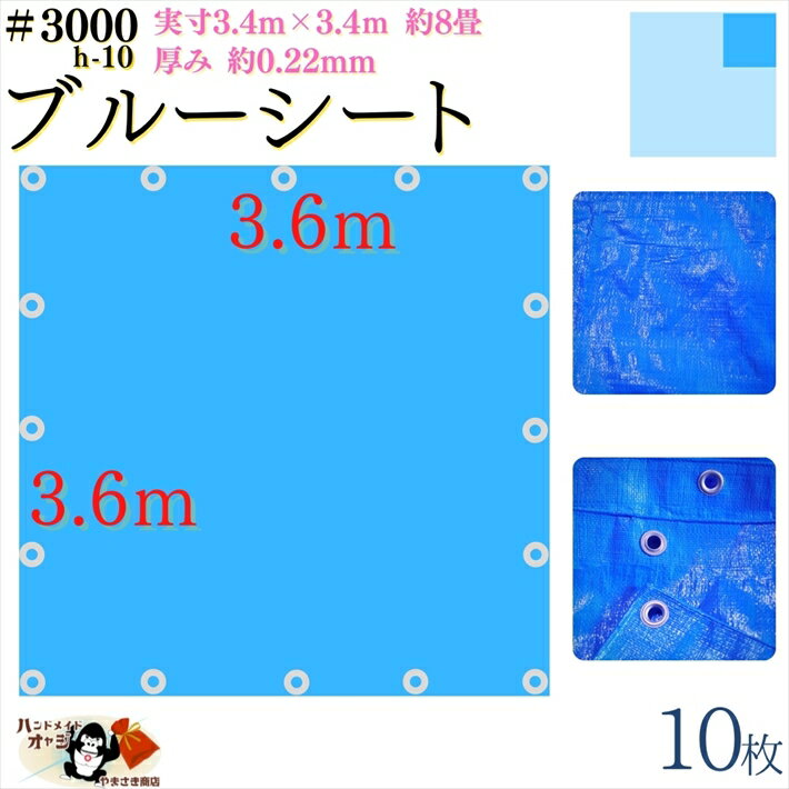 【 ブルーシート 厚手 防水 #3000 3.6×3.6 m 10枚入 】 実寸 3.4×3.4m 厚み 約0.22mm 広さ 約 4畳半 材質 PE ポリエチレン カラー ブルー 青 アルミ ハトメ 付 間隔 約90cm×16個