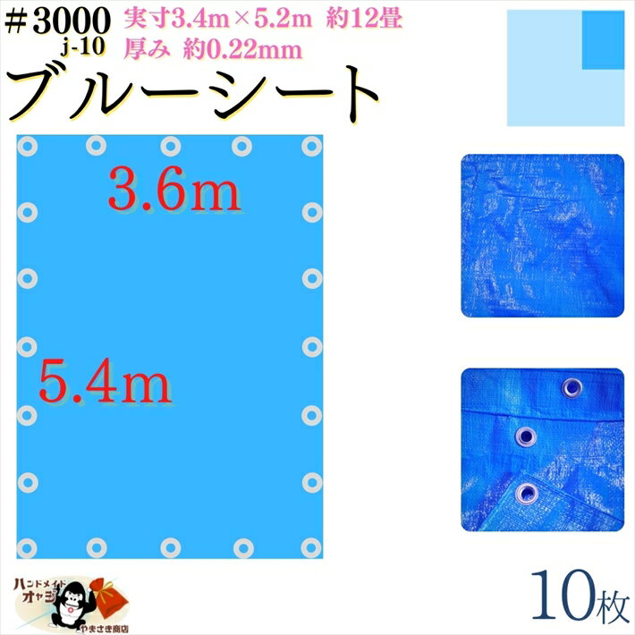 【 ブルーシート 厚手 防水 #3000 3.6×5.4 m 10枚入 】 実寸 3.4×5.2m 厚み 約0.22mm 広さ 約 12畳 材質 PE ポリエチレン カラー ブルー 青 アルミ ハトメ 付 間隔 約90cm×20個