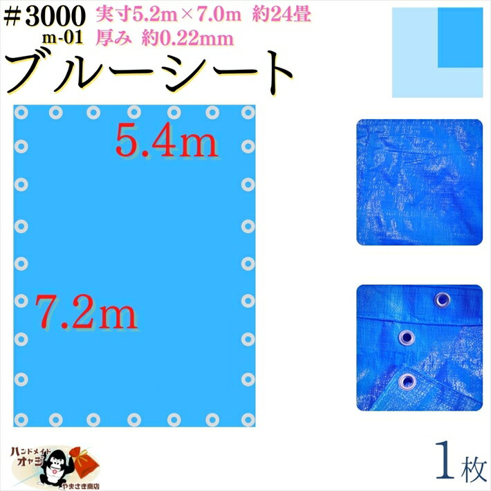 【 ブルーシート 厚手 防水 #3000 5.4×7.2 m 1枚入 】 実寸 5.2×7.0m 厚み 約0.22mm 広さ 約 24畳 材質 PE ポリエチレン カラー ブルー 青 アルミ ハトメ 付 間隔 約90cm×28個