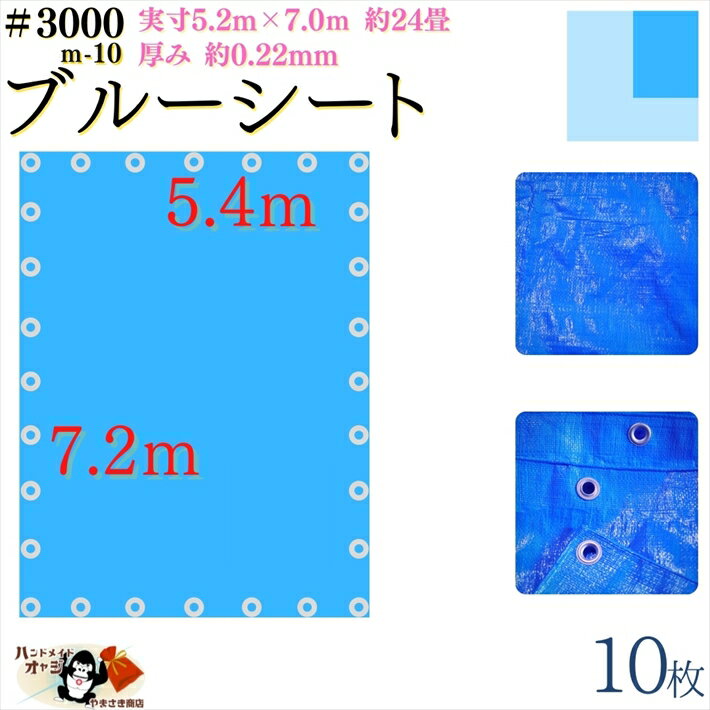 【 ブルーシート 厚手 防水 #3000 5.4×7.2 m 10枚入 】 実寸 5.2×7.0m 厚み 約0.22mm 広さ 約 4畳半 材質 PE ポリエチレン カラー ブルー 青 アルミ ハトメ 付 間隔 約90cm×28個