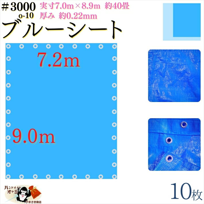 【 ブルーシート 厚手 防水 #3000 7.2×9.0 m 10枚入 】 実寸 7.0×8.9m 厚み 約0.22mm 広さ 約 4畳半 材質 PE ポリエチレン カラー ブルー 青 アルミ ハトメ 付 間隔 約90cm×36個