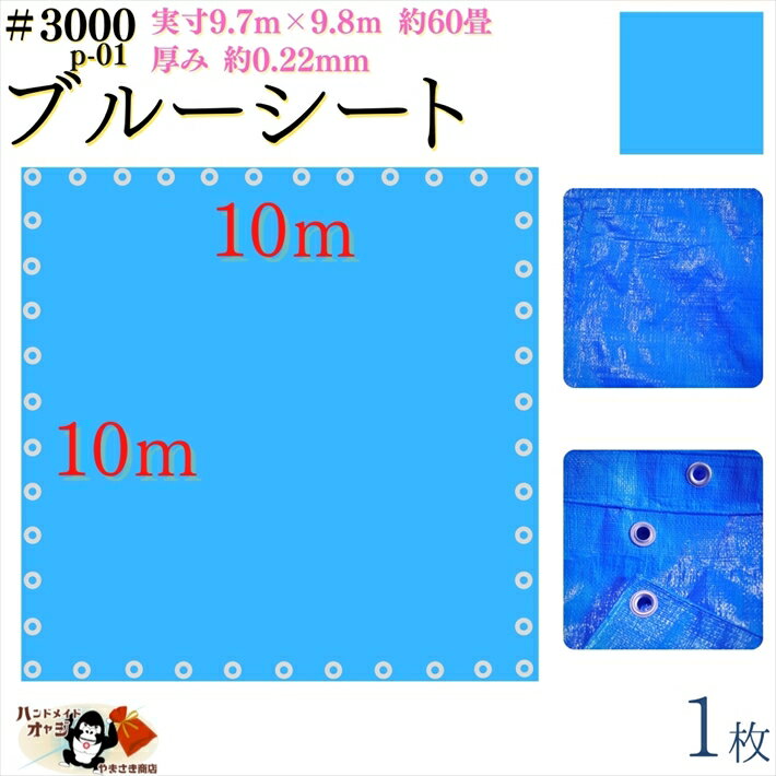 【 ブルーシート 厚手 防水 #3000 10×10 m 1枚入 】 実寸 9.7×9.8m 厚み 約0.22mm 広さ 約 60畳 材質 PE ポリエチレン カラー ブルー 青 アルミ ハトメ 付 間隔 約90cm×44個