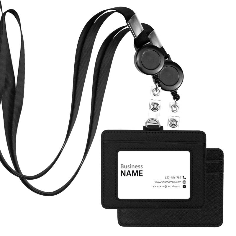 Chouiery ネームホルダー 2枚入れ ID カード ホルダー ネックストラップ 横型 伸縮リール式 カードスロット3つ PU革 吊り下げ 名札 ストラップ 名札 ホルダー カードホルダー 首掛け ネックスト