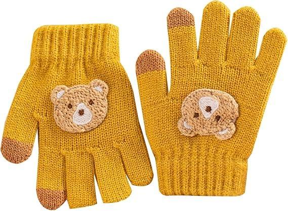 [Umeloeo] キッズ 手袋 ベビー 子供 5本指 ニットグローブ 熊 クマ 可愛い おしゃれ 暖かい 裏起毛 厚手 ミトン スマホ手袋 秋冬 雪遊び 防寒 防風 お出かけ 幼稚園 通園 通学 小学生 子供 児童