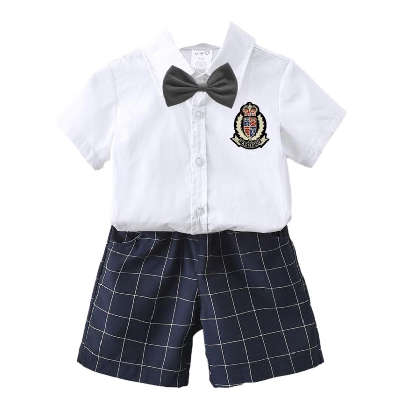 [バター クリーム] 在庫限り ベビー服 上下 セット お祝い 蝶ネクタイ 学生風 制服風 ワッペン 赤ちゃん お祝い 衣装 男の子 かっこいい(4)