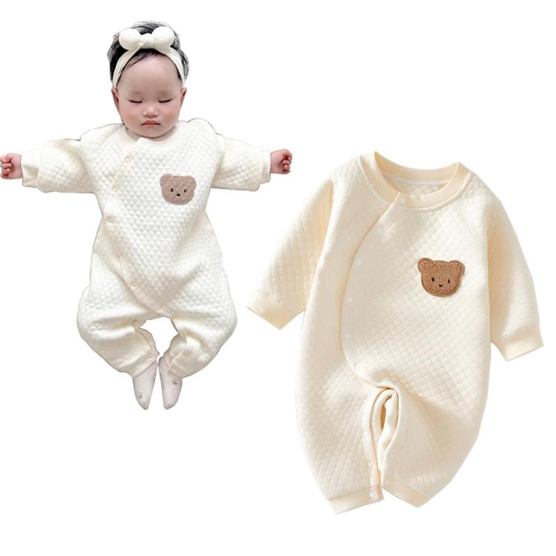 [TUPOLILI] ベビー カバーオール 厚手 ロンパース 綿100% アウター 前開き 赤ちゃん 長袖 パジャマ 防寒 秋冬 春 寝巻き 出産祝い 暖かい あったか くま 可愛い プレゼント 部屋着 ベージュ 柔ら