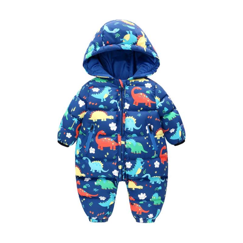 ベビー服長袖ロンパース前開き新生児フード付き厚手秋冬防寒服カバーオール赤ちゃん男の子恐竜柄贈り物総柄ブルー