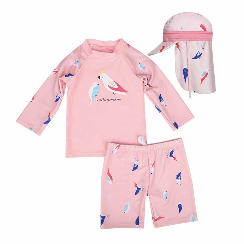 [LIANFOR] 子供用水着 女の子 中・大童用 3点セット オウム柄 ピンク 水着 女の子用 水着 泳帽 水泳 海水浴 温泉 水遊び Kids Swimwear