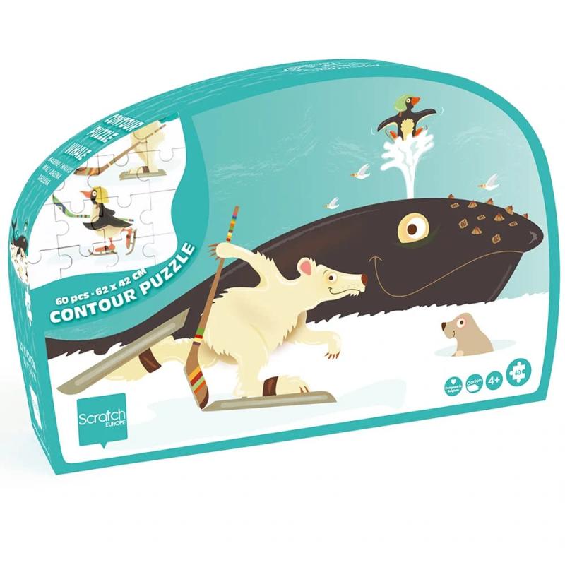 スクラッチ (Scratch) ユニークパズル クジラ 60ピース 62cm x 42cm ジグソーパズル 6181130 正規品「スクラッチ (Scratch)」は、玩具のスペシャリストたちによってつくられたベルギー生まれの玩具メーカー。パッケージデザインの細部までこだわり、伝統的な素材の美しさとユーモア溢れるおもちゃを世界30ケ国以上で提供しています。スタンドさせても可愛いパッケージのジグソーパズル「ユニークパズル クジラ (Contour Puzzle - Whales)」で、クジラがメインに描かれたユニークな形のパズルを完成させましょう。完成したパズルは四角形ではなく、絵柄の輪郭に沿って作られた大きなジグソーパズルです。やさしくカラフルな色合いなので、お子様は目でも楽しむことができ、色の認識力や空間認識力も育まれます。1ピースが大きく丈夫なつくりになっているので、ピースのはめ込みが簡単パズルピースをはめ込むことで手指の巧緻性を高め、遊びの中で手先の発達を促してくれます。集中力、想像力、観察力を伸ばしてあげられる知育パズルは、幼児期の子供にとても良いおもちゃです。パズルを完成させることで達成感を与えてあげられます。お誕生日やクリスマスなど特別なプレゼントにおすすめです。パッケージサイズ : 約 幅 30cm x 高さ 19.7cm x 奥行 6.5cm / 本体サイズ (完成サイズ) : 約 横 62cm x 縦 42cm / ピースサイズ (一例) : 約 8cm x 6.5cm / ピース数 : 60ピース / 対象年齢 : 4歳以上
