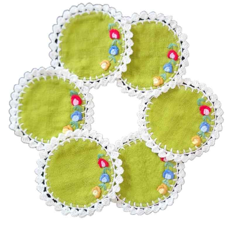 Rakuten - お花の刺繍 コースター かわいい おしゃれな 布マット 直径10cm 6枚セット タイコットン製