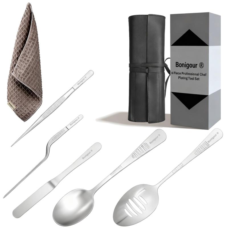 Bonigour メッキツールセット、シェフ料理用メッキツールキット7点、ブラック、プロフェッショナル調理器具、ステンレススチール