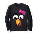 Turkey Face Girl Pink Bow Funny Thanksgiving Costume 長袖Tシャツ