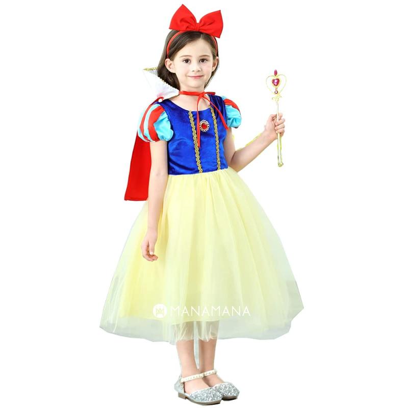 Rakuten - [MANAMANA] 白雪姫 子供 ドレス プリンセスドレス マント カチューシャ ティアラ スティック 5点セットキッズコスチューム 黄色 青 赤 女の子 100 110 120 130 140 100cm 110cm 120cm 130cm 140c