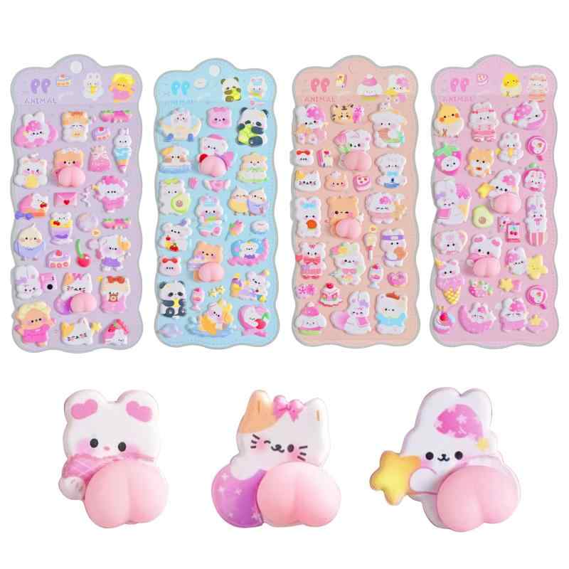 ぷにぷに 立体3Dシール 4枚セット かわいい動物キャラクター ご褒美ステッカー 手帳 ノート スマホデコ スクラップブック シール帳用 パステルカラー 子供・女の子向け 景品 プレゼント inasuteppu-10238578 イナノカショップ パッケージ画像