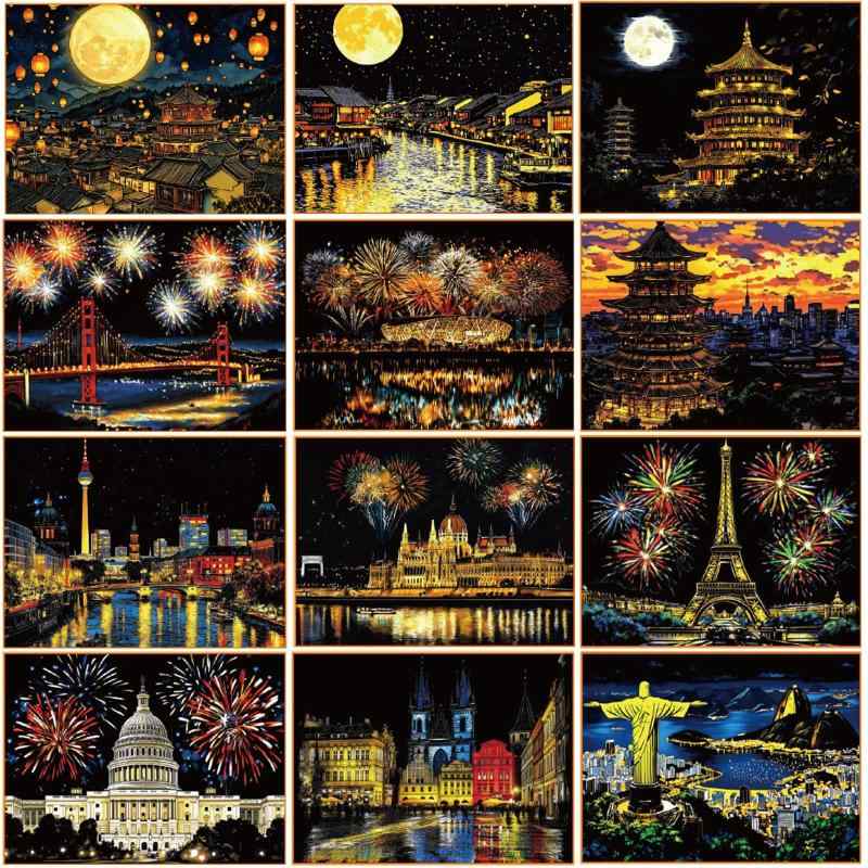Lakymisy 6組 スクラッチアート 合計72枚 ラッチボード カラフラ ペーパーアート 面白い 塗り絵 有名な観光地 花火 夜景 かわいい 動物 お絵描き 削るだけで美しいアート 子供プレゼント スク