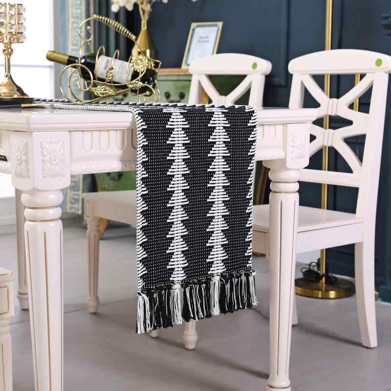 黒白ボヘミアテーブルランナー編み物タッセル付きリネンコットン現代シンプル手製織り松絵柄エレガント食卓コーヒーテーブルドレッサースカーフ装飾